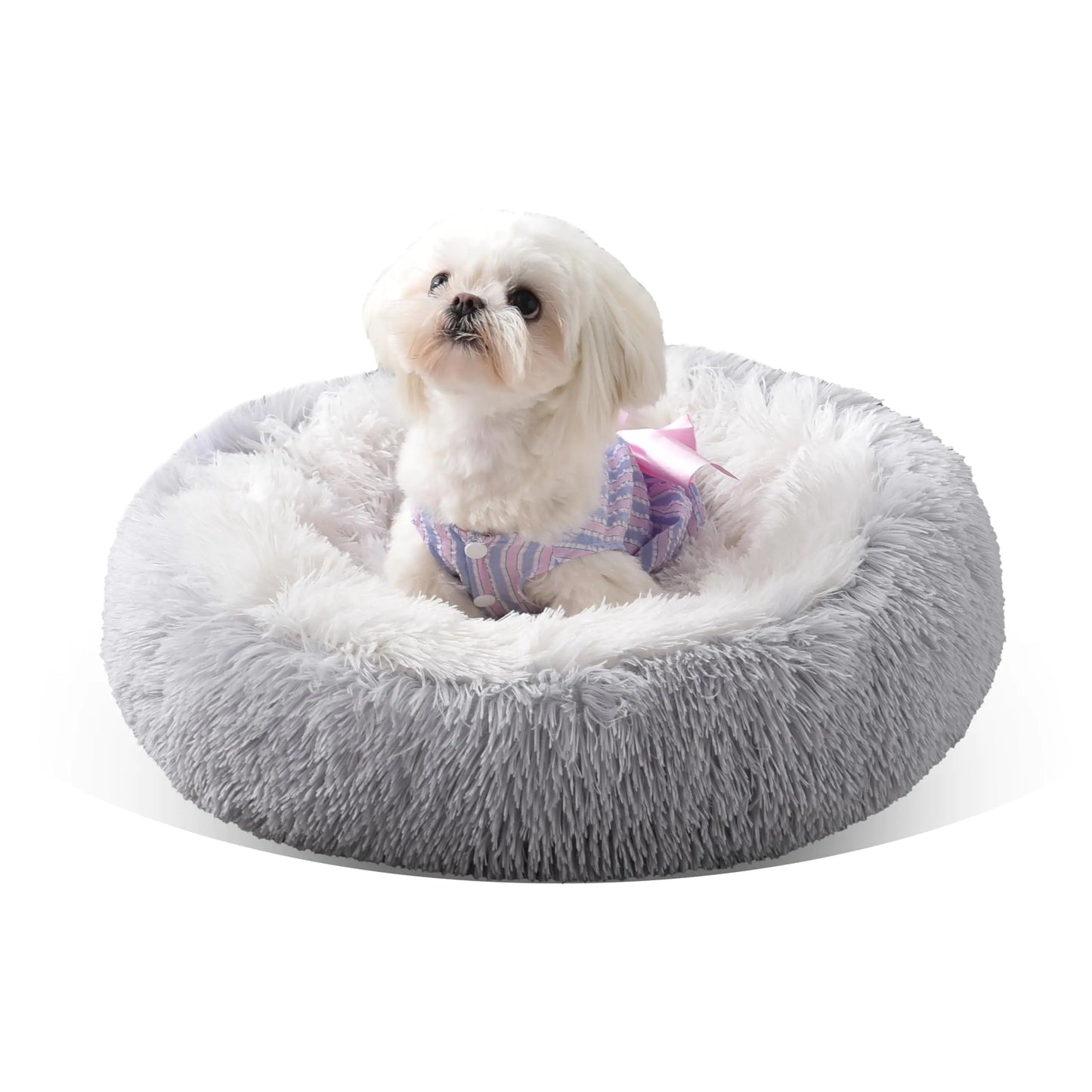 Calming Donut Pet Bed (Dogs and Cats) – Fluffy Faux Fur, Anti-Anxiety (24” Grey)