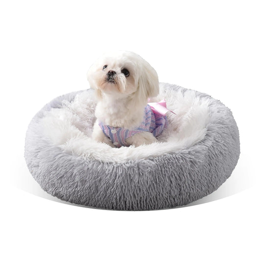 Calming Donut Pet Bed (Dogs and Cats) – Fluffy Faux Fur, Anti-Anxiety (24” Grey)